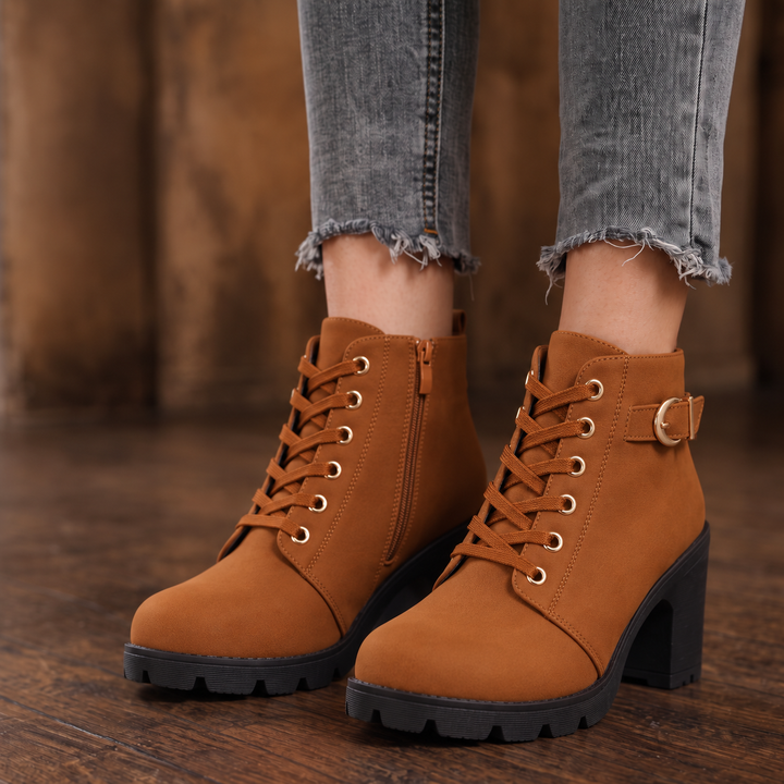 Buckle & Bold – Buckle Lace-Up Chunky Heel Ankle Boots