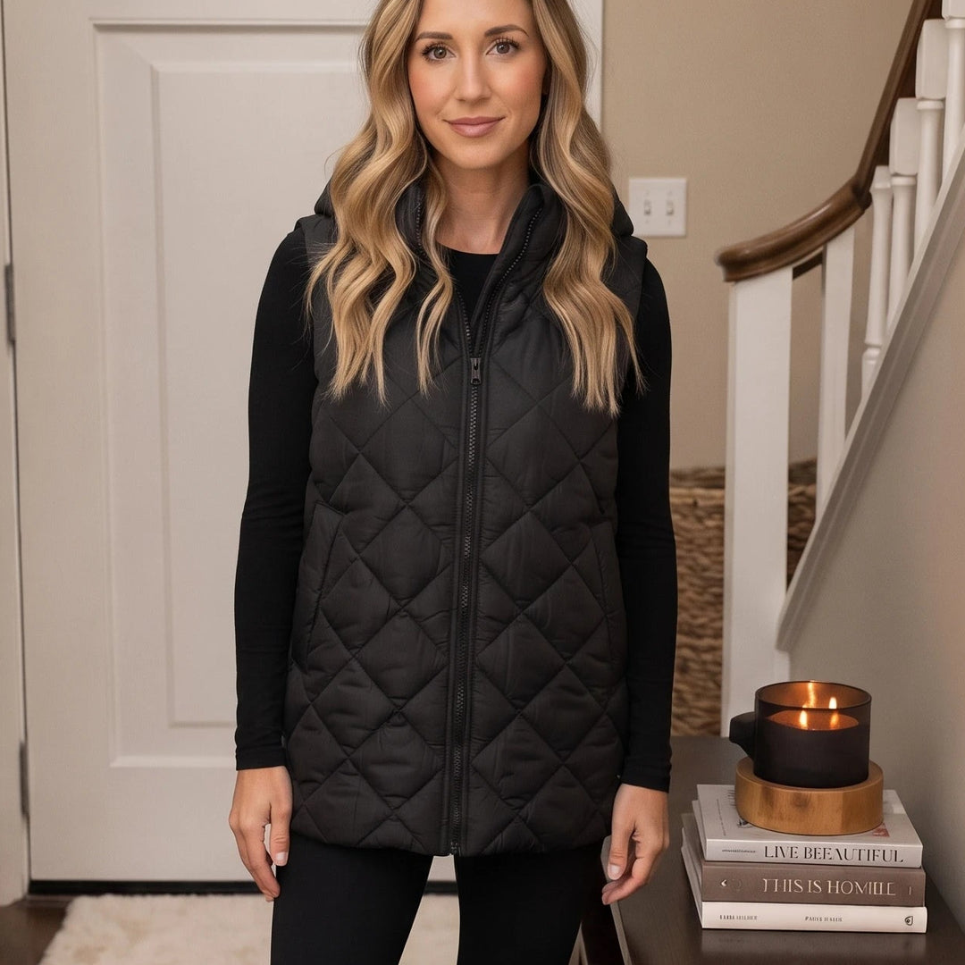 Quilted Muse – Quilted Hooded Mid-Length Vest