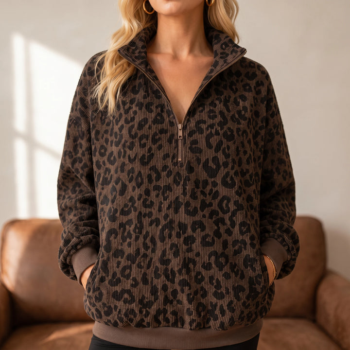 Roamprint – Leopard Print Oversized Quarter-Zip Sweatshirt