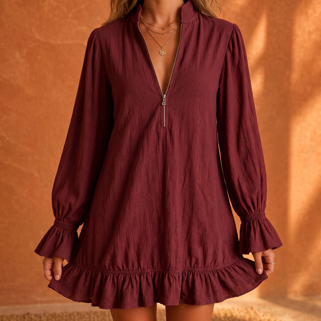 Florenza – Zip-Neck Ruffle Linen-Look Mini Dress