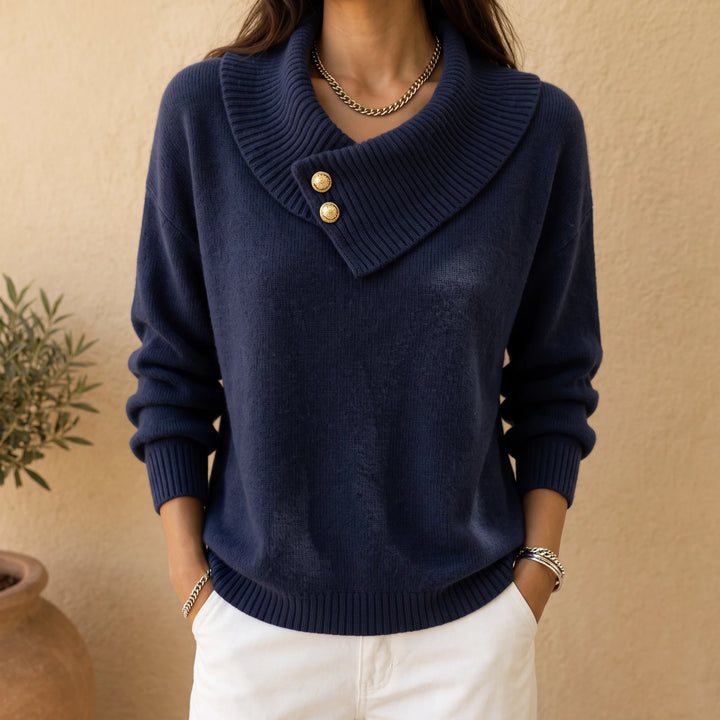 Foldelle – Asymmetrical Ribbed Collar Button Sweater