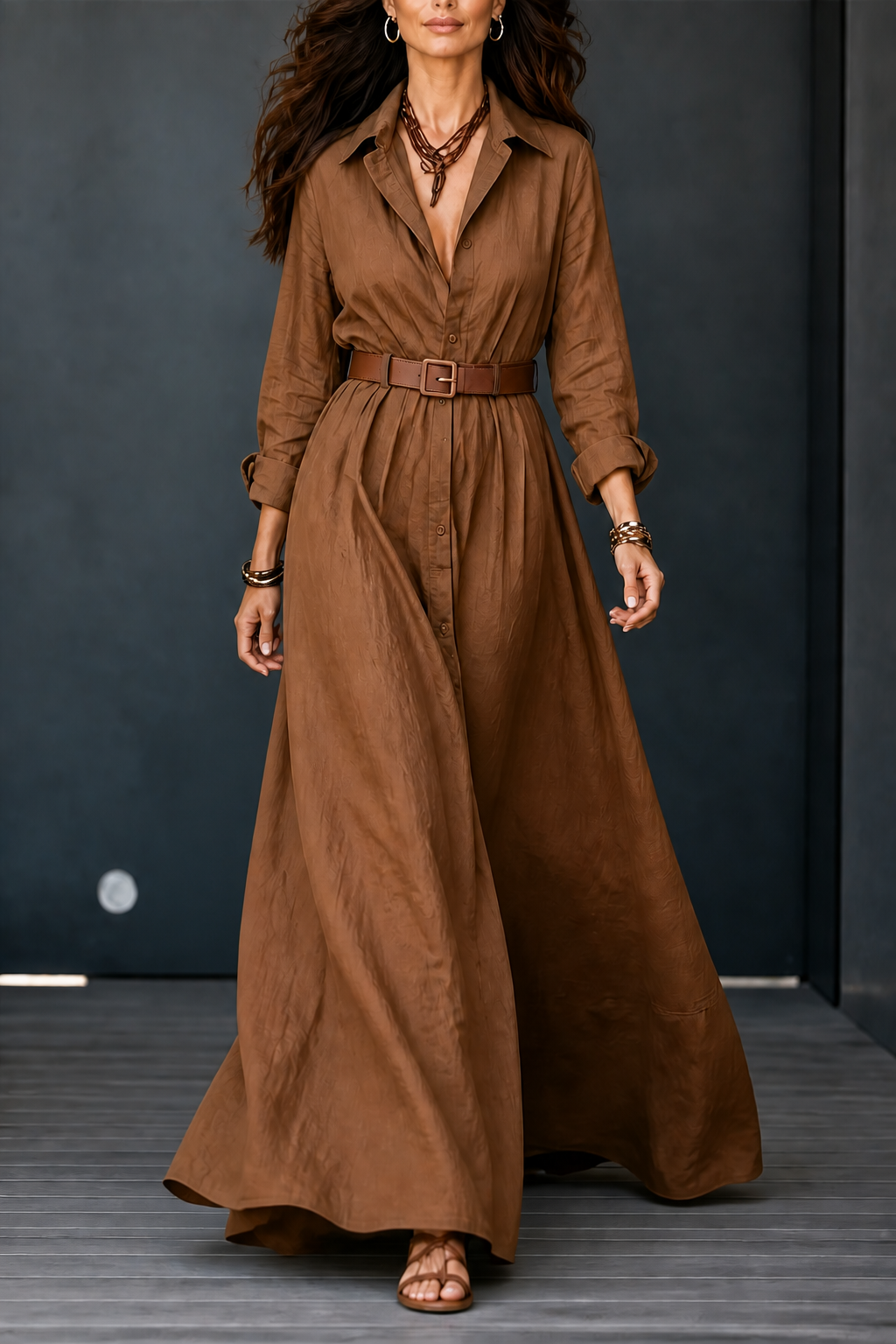 Belveil – Belted Collared Long-Sleeve Maxi Shirt Dress