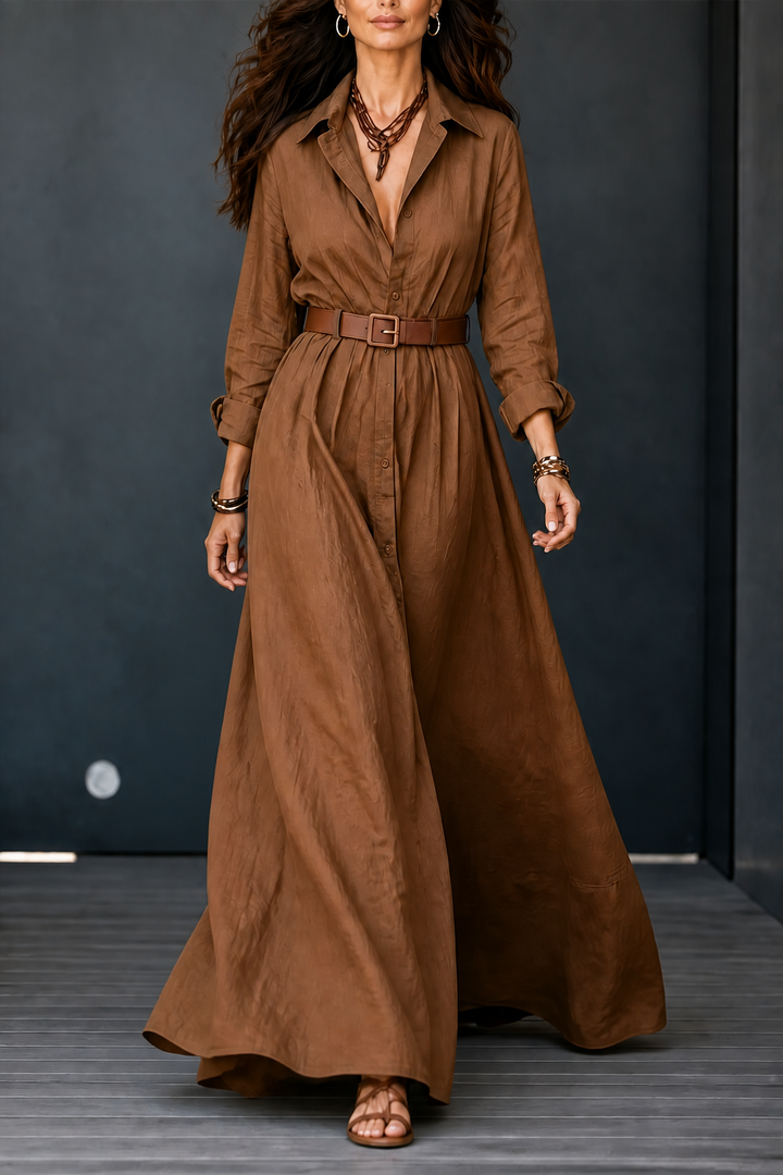 Belveil – Belted Collared Long-Sleeve Maxi Shirt Dress