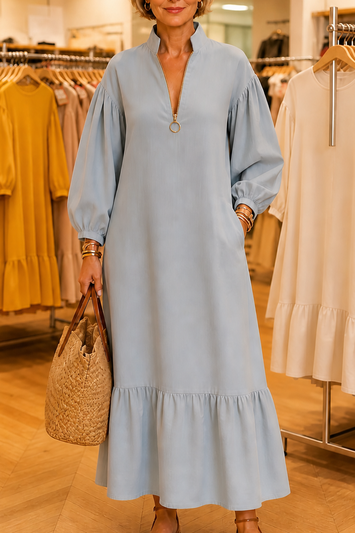 Wearbella – Half-Zip Stand-Collar Lantern-Sleeve Dress