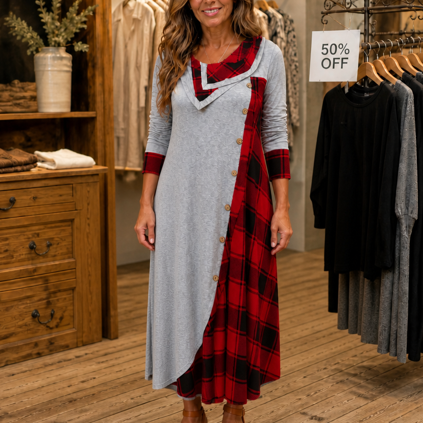 Wovelle – Plaid Patchwork Cowl Neck Midi Dress