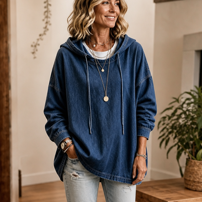 Denim Ease – Washed Oversized Denim-Look Hoodie