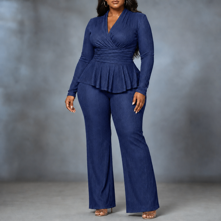 Vessora – Pleated Waist Flared Leg Top And Trousers Set