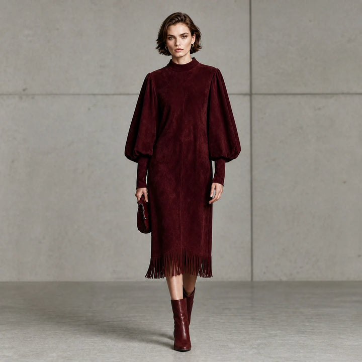 Suede Serenade – Faux Suede-Look Lantern Sleeve Fringe Midi Dress