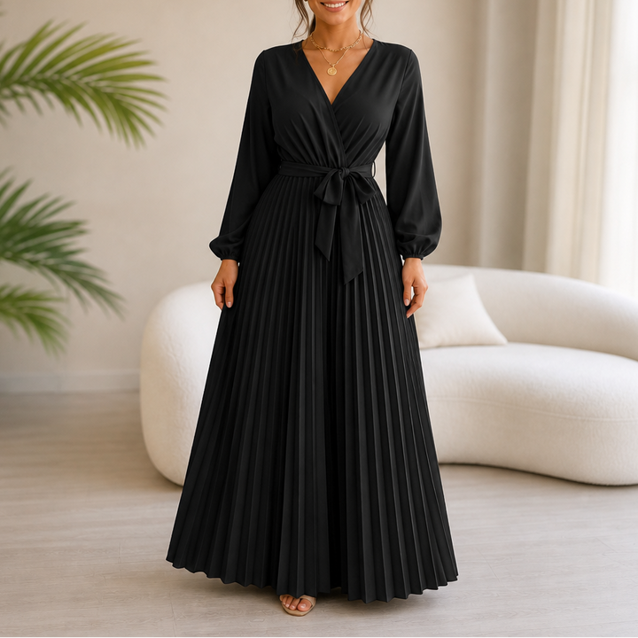 Lunavia – Pleated Wrap-Neck High-Waisted Maxi Dress