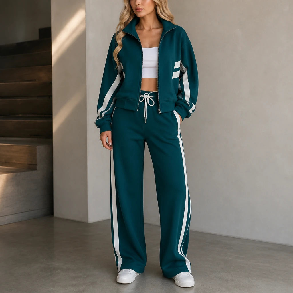 Stride & Set – Cream-Striped Sporty Two-Piece Set
