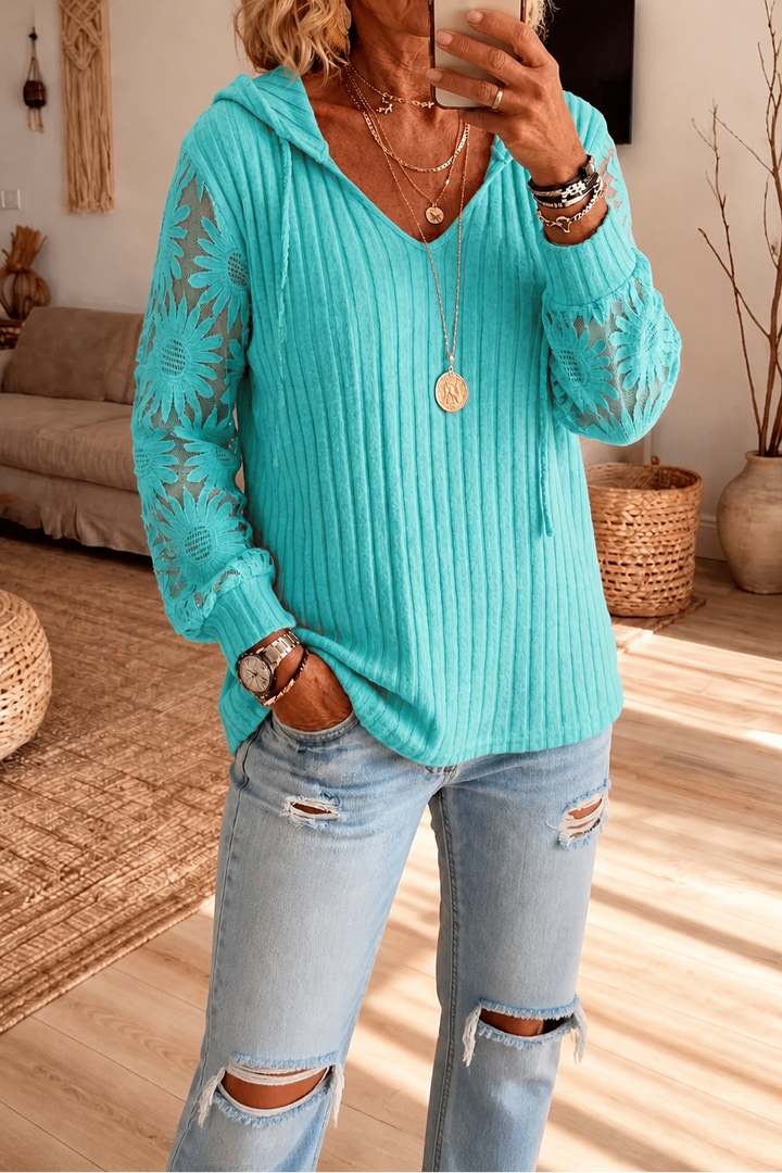 Lunetta – Lace Sleeve Ribbed Knit Hoodie Cardigan