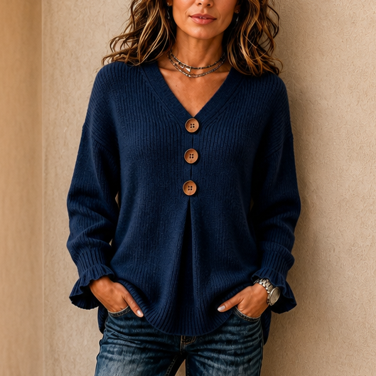 Vellora – Button-Detail V-Neck Knit Sweater