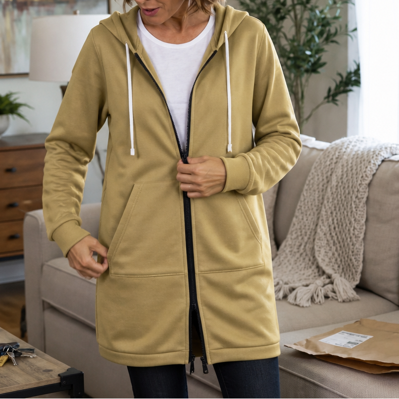 Wrapdrey – Mid-Length Zip-Up Hooded Cardigan