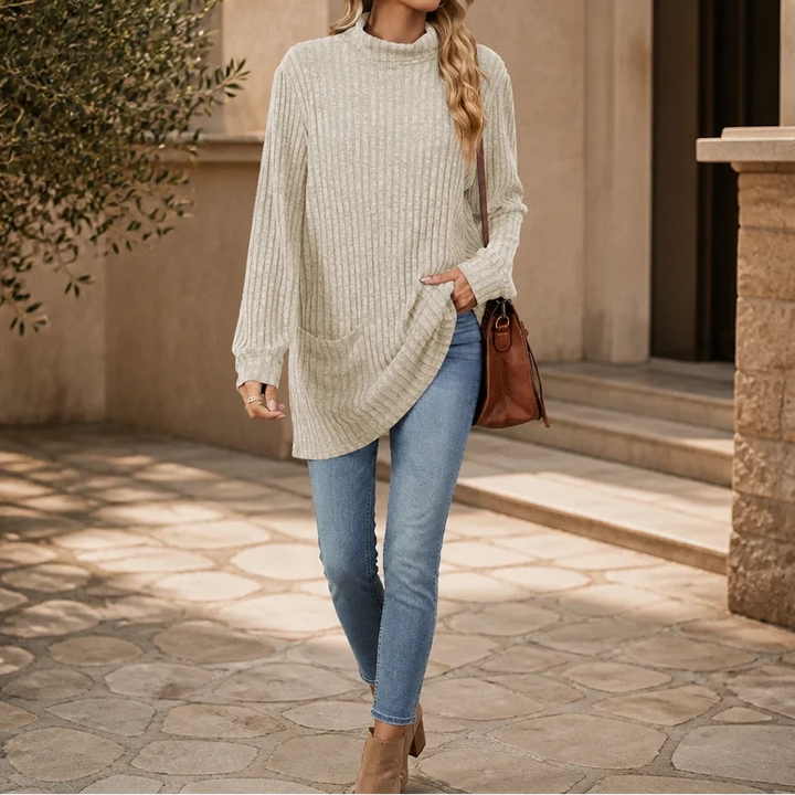 Cozyline – Ribbed Mock Neck Pocket Tunic