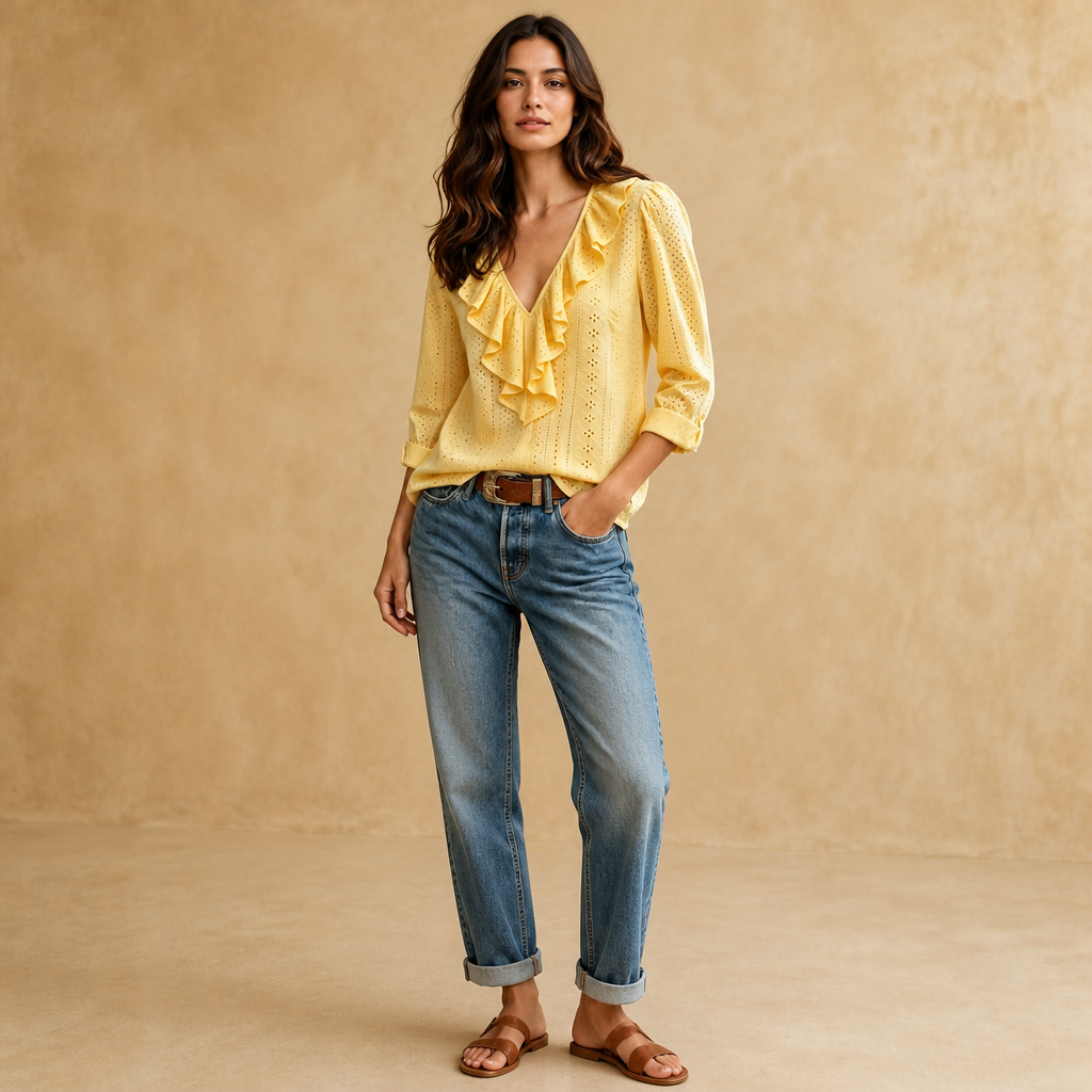 Wearbella – Ruffle V-Neck Long Sleeve Blouse