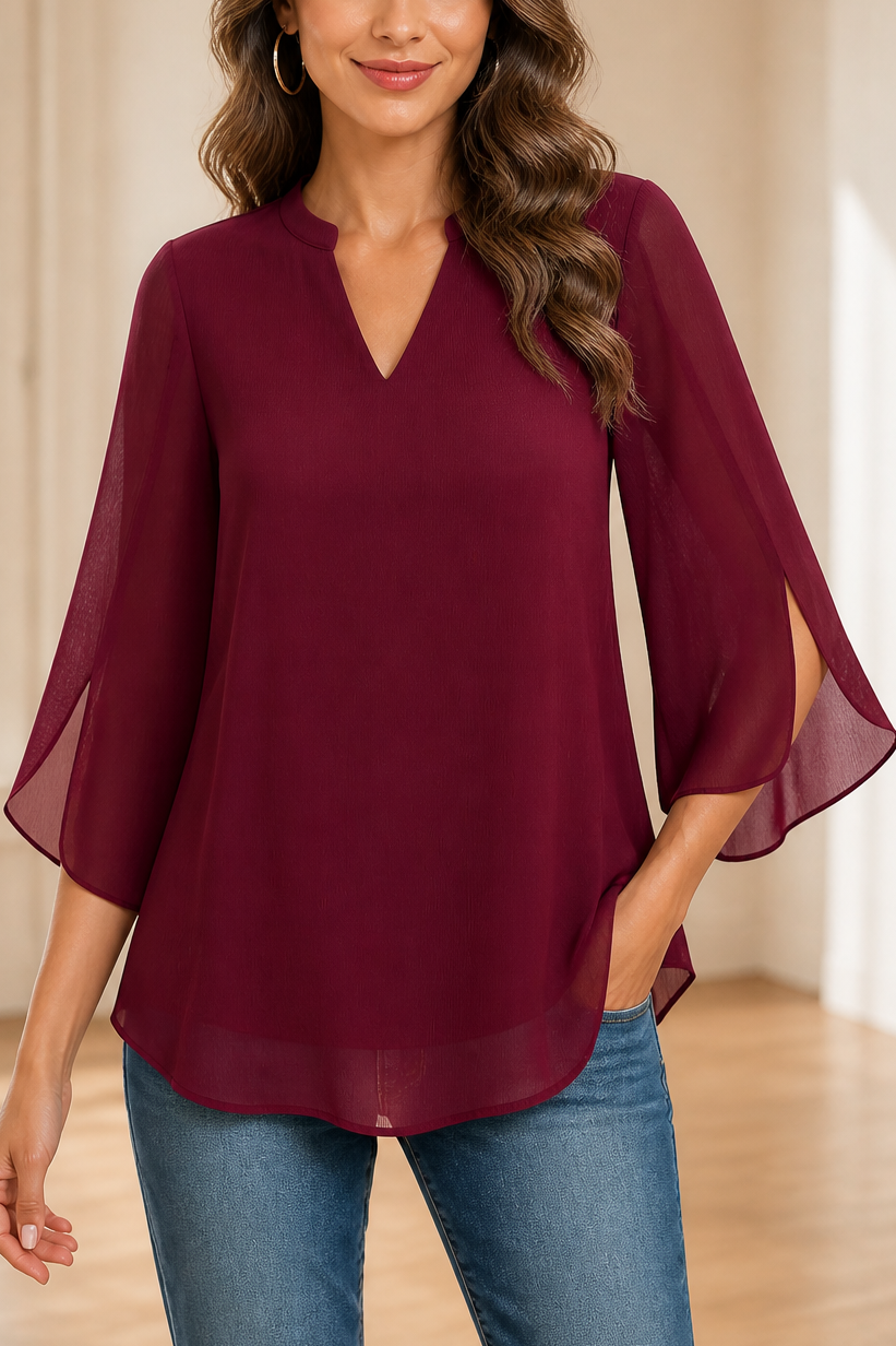Petalwren – Layered Petal-Sleeve V-Neck Chiffon Top
