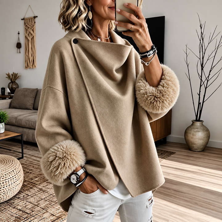 Wearbella – Faux Fur Cuff Asymmetric Wrap Blend Jacket