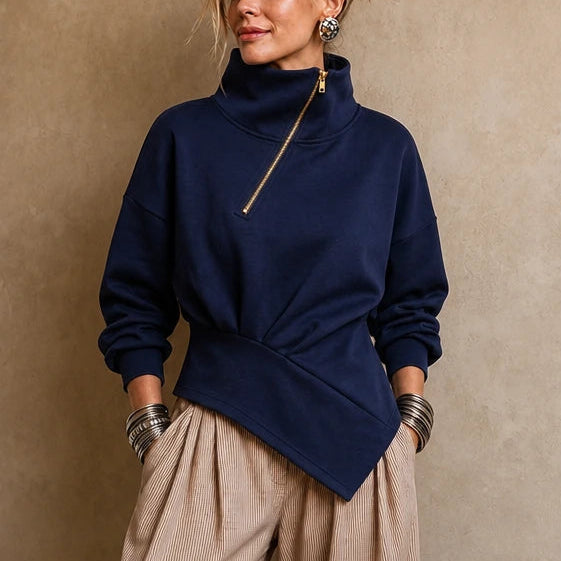 Velaire – Asymmetric Diagonal-Zip High-Neck Sweatshirt