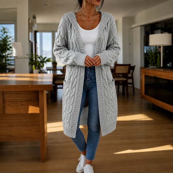 Wrapetta – Hooded Longline Cable-Knit Cardigan
