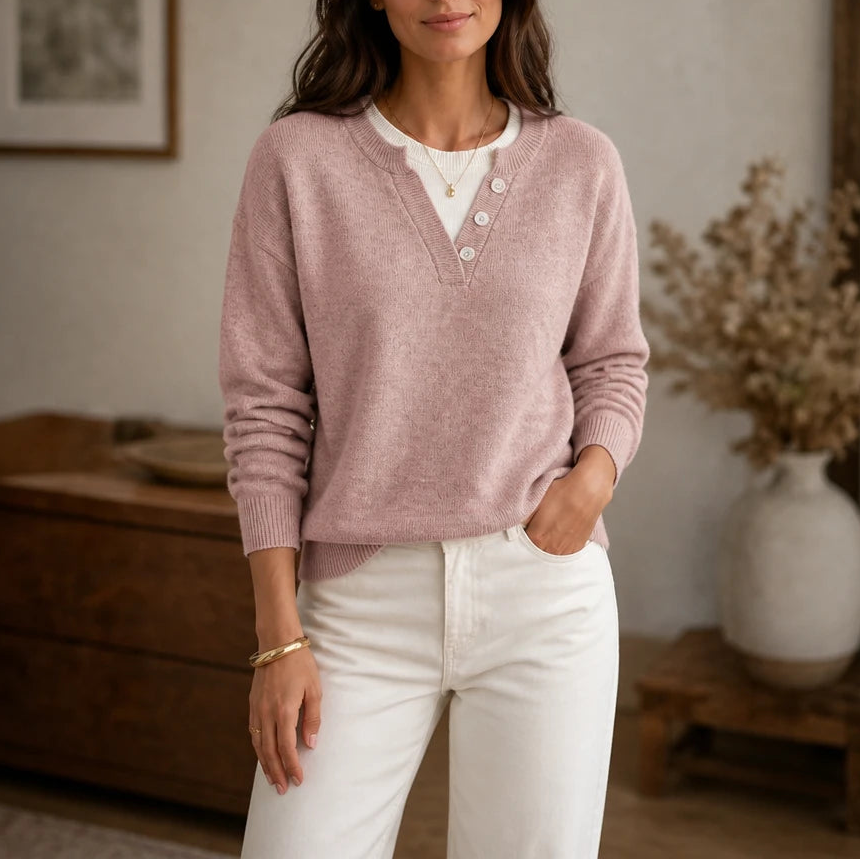 Layerelle – Contrast Mock-Neck Notched V-Neck Sweater