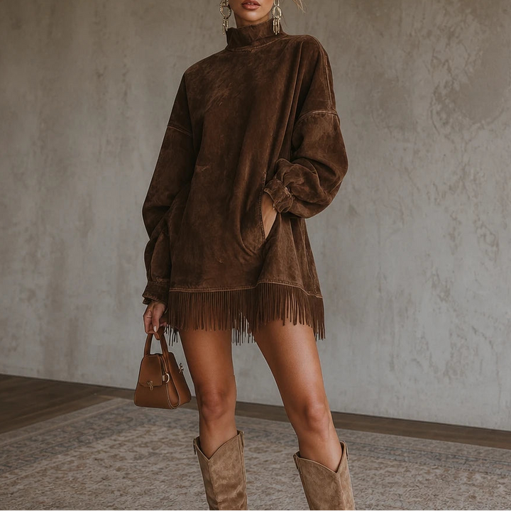 Suede Swing – Faux Suede Fringe Turtleneck Dress