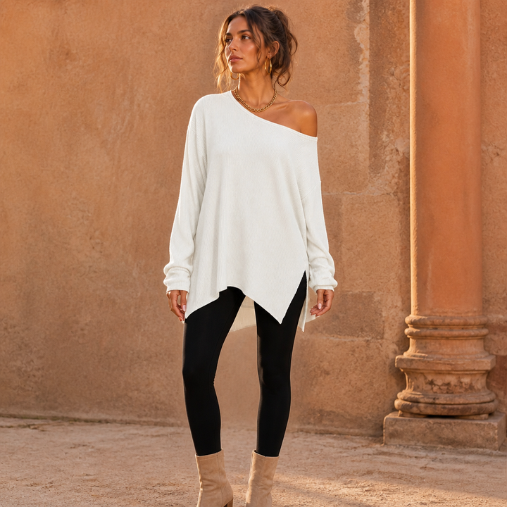 Veluna – Side-Slit Off-Shoulder Tunic Blouse
