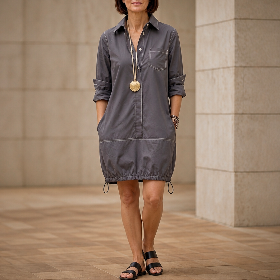 Collara – Lapel Collar Half-Sleeve Midi Dress