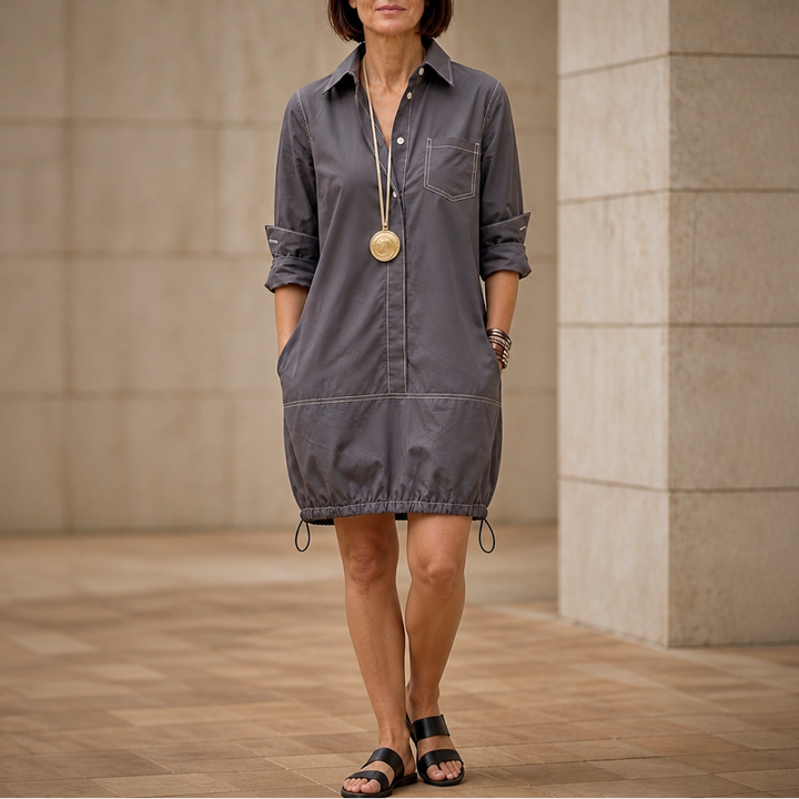 Collara – Lapel Collar Half-Sleeve Midi Dress