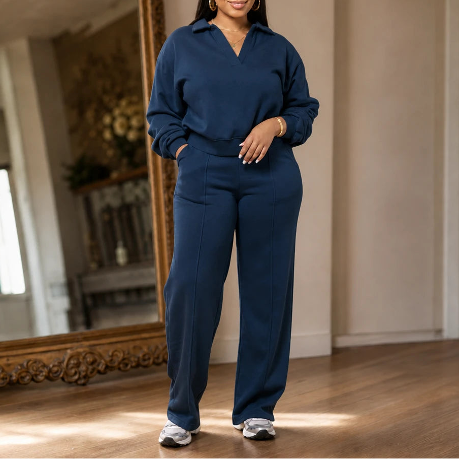 Velaire – Collared V-Neck Top And Straight-Leg Pants Set