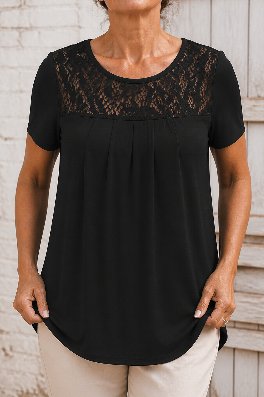 Wearbella – Floral Lace-Look Yoke Pleated Front Tee