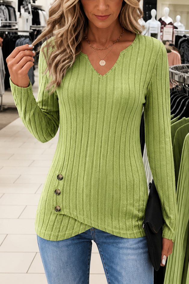 Tuckless – Asymmetrical Hem V-Neck Ribbed Knit Top