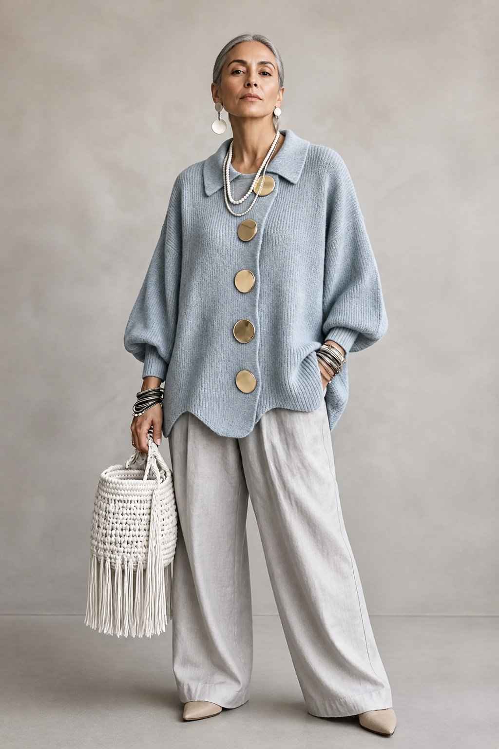 Wearbella – Oversized Scalloped-Hem Button Cardigan