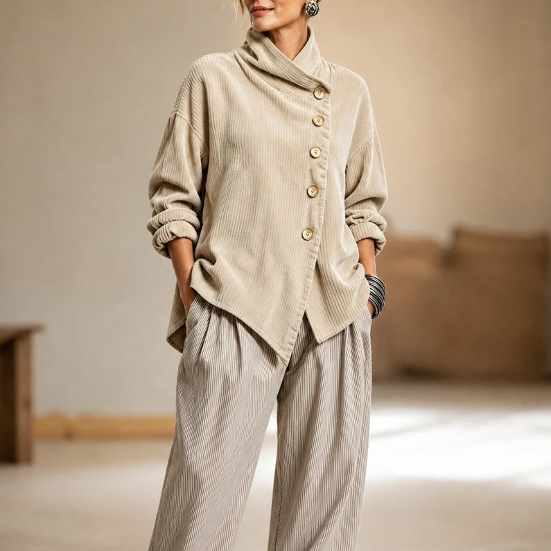 Everlayer – Draped Neck Asymmetrical Button-Front Top