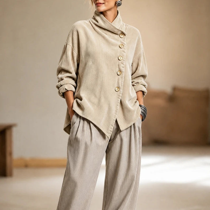Everlayer – Draped Neck Asymmetrical Button-Front Top