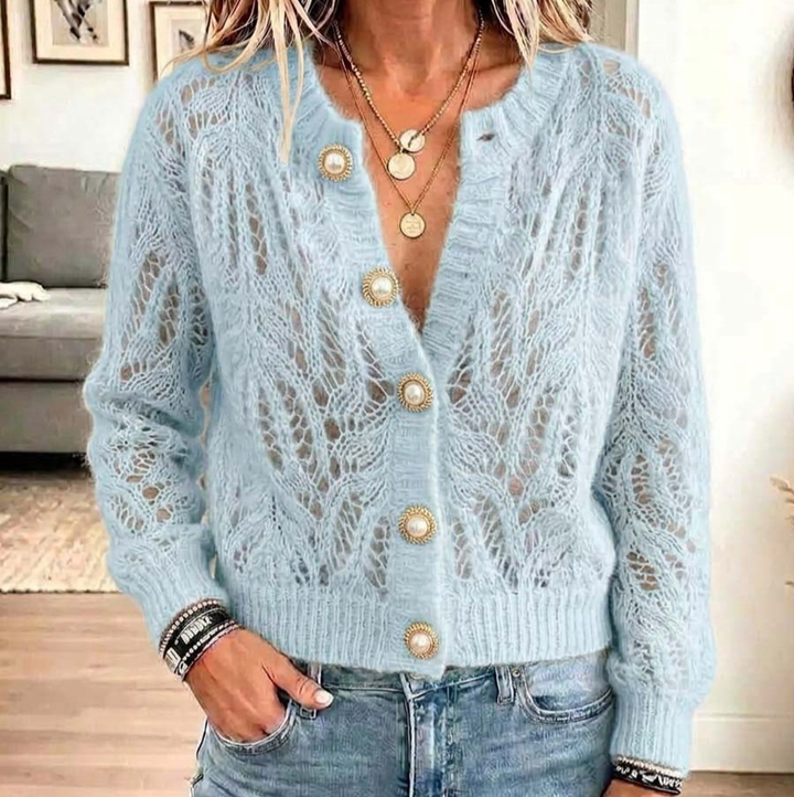 Lunarknit – Openwork Wave Knit Button-Front Cardigan