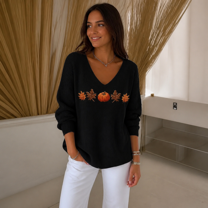 Pumpkin Lane – Pumpkin Print V-Neck Long-Sleeved Shirt