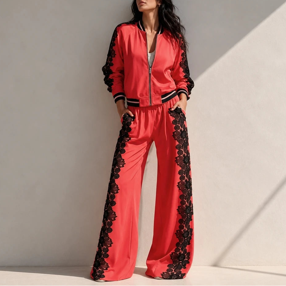 Lace & Leisure – Floral Lace Panel Track Jacket And Wide-Leg Pants Set