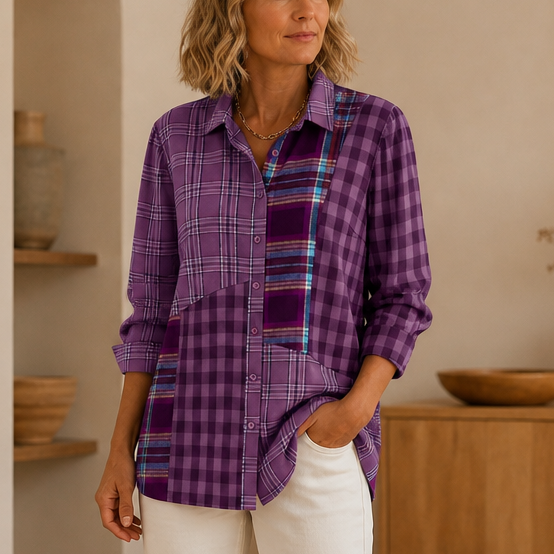 Plaidelle – Color-Block Patchwork Plaid Button-Up Shirt