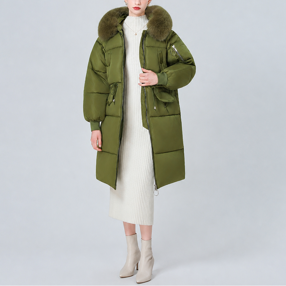 Veluna – Plush Hood Trim Mid-Long Padded Winter Coat