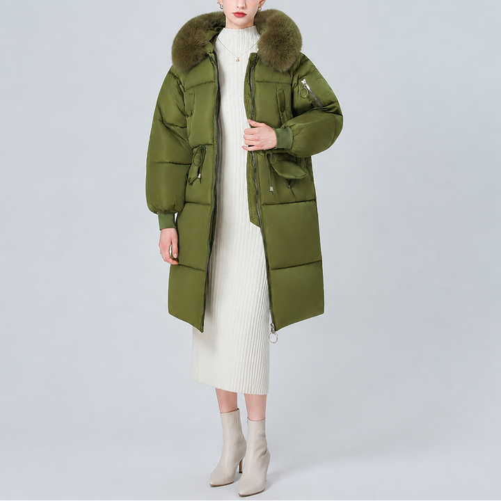 Veluna – Plush Hood Trim Mid-Long Padded Winter Coat