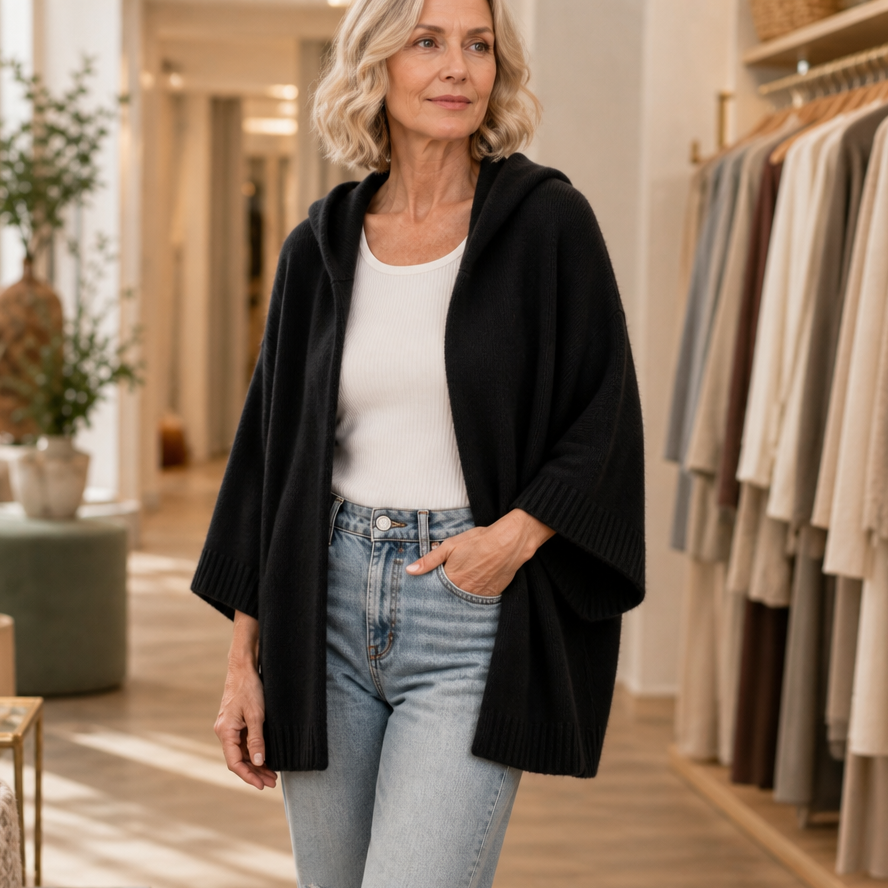 Velmora – Hooded Open-Front Batwing Knit Cardigan