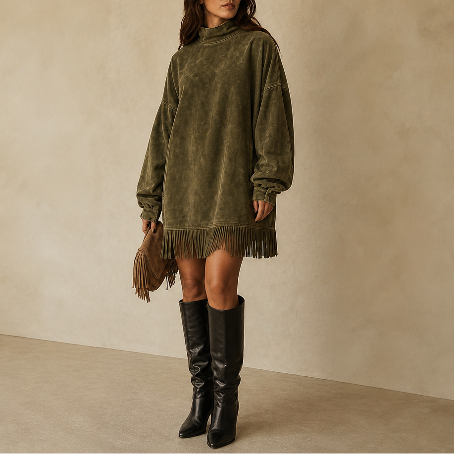 Swayelle – High-Neck Faux-Suede Fringe Mini Dress