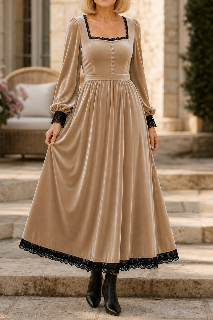 Velourette – Square Neck Fitted Waist Velvet Midi Dress