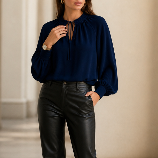 Wearbella – Chiffon Tie-Neck Lantern Sleeve Blouse