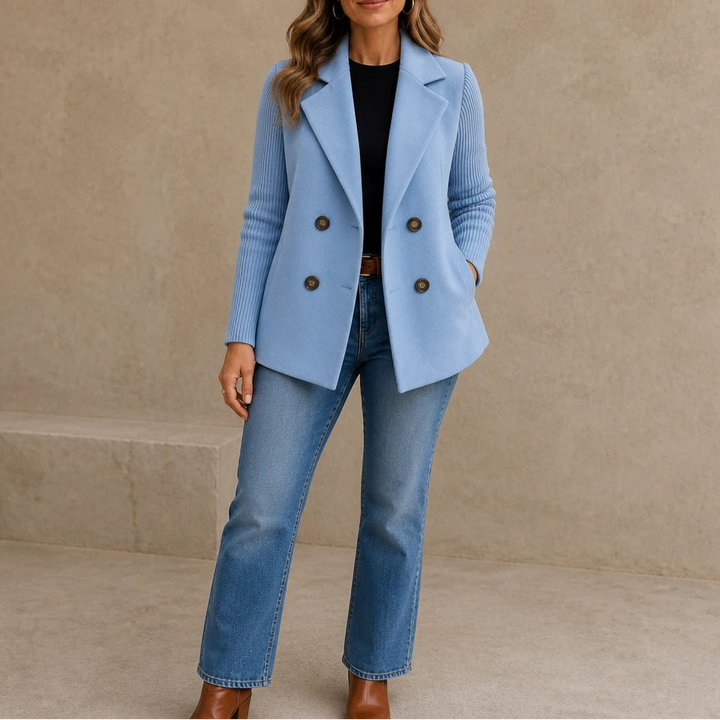Celeste – Suede-Look Double-Breasted Knit-Sleeve Jacket