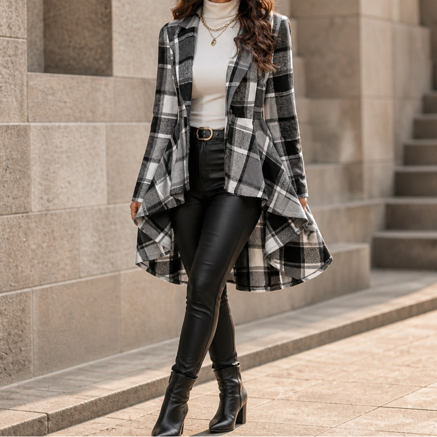 Cinchella – Plaid High-Low Peplum Waist Coat