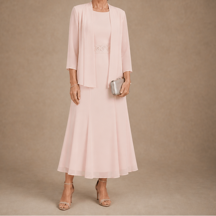 Elowen – Sleeveless Beaded-Waist Chiffon Dress With Jacket
