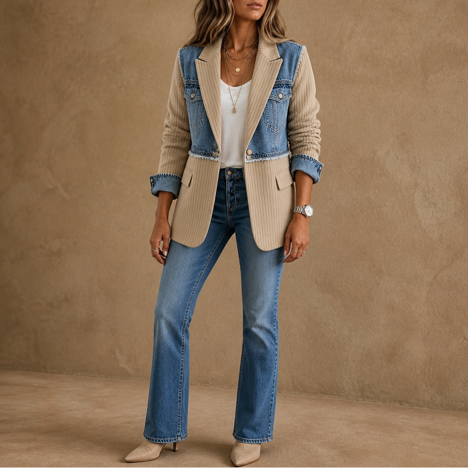 Corvella – Denim-Overlay Corduroy Raw-Hem Blazer