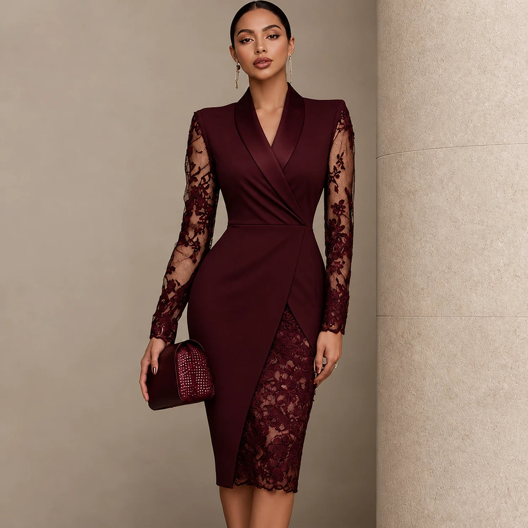 Belleform – Lace-Sleeve Blazer-Wrap Asymmetric Hem Dress