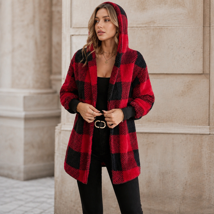 Plaidelle – Oversized Plaid Hooded Fleece Cardigan